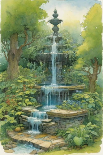 fountain pond,garden pond,watercolor background,a small waterfall,crescent spring,wishing well,koi pond,stone fountain,japanese garden ornament,bird bath,japanese garden,fountain,water spring,water fountain,water feature,august fountain,water-the sword lily,landscape background,oasis,lily pond,Illustration,Realistic Fantasy,Realistic Fantasy 04