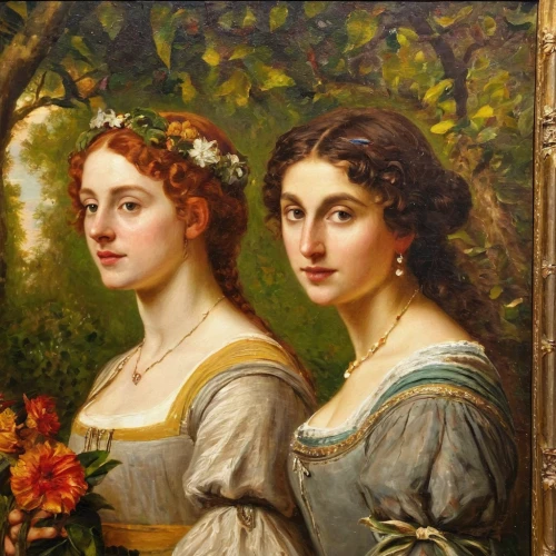 two girls,floral garland,young women,bouquets,florists,holding flowers,young couple,wreath of flowers,floral wreath,floral frame,gothic portrait,sisters,romantic portrait,flower garland,three flowers,floral ornament,floral decorations,with a bouquet of flowers,twin flowers,franz winterhalter,Photography,Documentary Photography,Documentary Photography 35