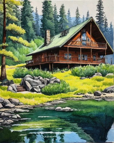 summer cottage,the cabin in the mountains,house with lake,log cabin,house in the mountains,cottage,house in mountains,house in the forest,house by the water,tahoe,salt meadow landscape,idyllic,home landscape,small cabin,salt meadows,house painting,painting technique,log home,fisherman's house,lodge,Illustration,Black and White,Black and White 16