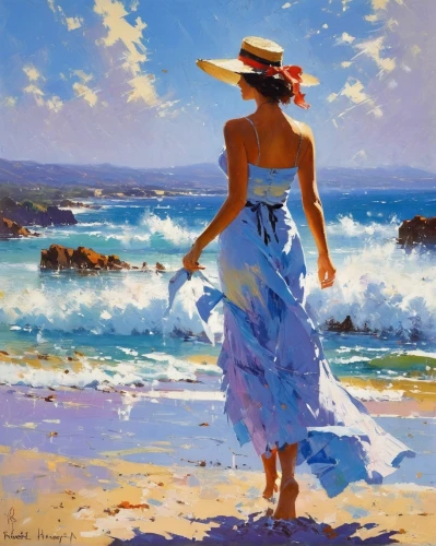 beach landscape,sun and sea,sea landscape,summer day,oil painting,sea breeze,landscape with sea,coastal landscape,italian painter,blue painting,art painting,by the sea,beach scenery,sun hat,oil painting on canvas,beautiful beach,man at the sea,seascape,dream beach,blue waters,Illustration,Japanese style,Japanese Style 06