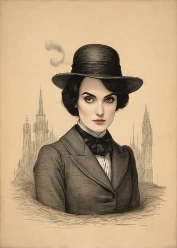 victorian lady,gothic portrait,bowler hat,chaplin,black hat,stovepipe hat,enrico caruso,charlie chaplin,gothic woman,the victorian era,vintage female portrait,downton abbey,top hat,the hat-female,widow,victorian style,goth woman,vintage drawing,the hat of the woman,chimney sweeper,Illustration,Black and White,Black and White 23