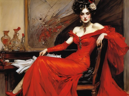 lady in red,red gown,man in red dress,evening dress,victorian lady,woman drinking coffee,portrait of a woman,woman at cafe,woman sitting,girl in a long dress,campari,maraschino,vesper,barbara millicent roberts,asher durand,spectator,rouge,lady of the night,aristocrat,portrait of a girl,Illustration,Realistic Fantasy,Realistic Fantasy 06