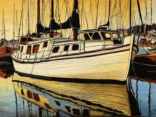 fishing boats,david bates,shrimp boats,wooden boats,boats in the port,boat harbor,boats,boat yard,boat landscape,boatyard,fishing boat,wherry,schooner,sailboat,sailboats,fishing trawler,shrimp boat,wooden boat,sail boat,rowboats,Illustration,Retro,Retro 06