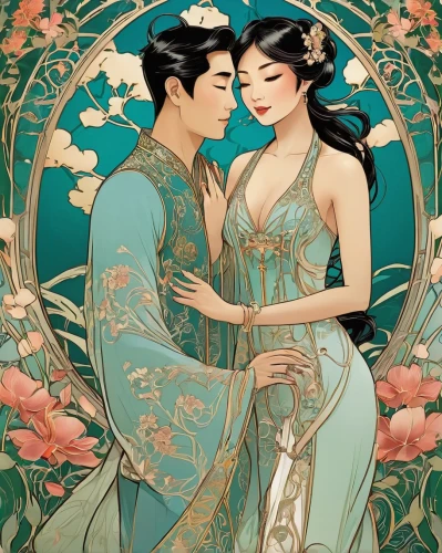 scent of jasmine,young couple,jasmine flowers,jasmine blossom,jasmine blue,art nouveau,mucha,jasmine,jasmine flower,amano,honeymoon,secret garden of venus,amorous,art nouveau design,oriental princess,scent of roses,kiss flowers,lotus blossom,lotus hearts,bird couple,Illustration,Retro,Retro 13