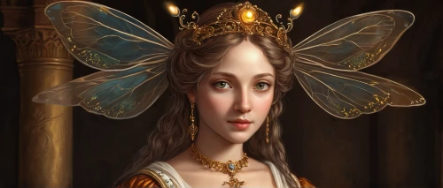 vanessa (butterfly),vanessa cardui,fairy queen,cupido (butterfly),hesperia (butterfly),the angel with the veronica veil,faery,diadem,faerie,fantasy portrait,baroque angel,little girl fairy,the prophet mary,mystical portrait of a girl,golden crown,joan of arc,queen crown,princess crown,fairy tale icons,celtic queen,Conceptual Art,Fantasy,Fantasy 27
