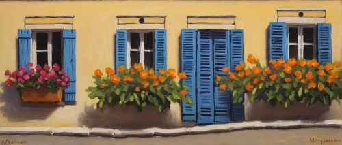 shutters,window with shutters,sicily window,flower boxes,wooden shutters,flower pots,flowerpots,blue doors,row of windows,french windows,corner flowers,potted flowers,hanging houses,potted plants,flower shop,palm lilies,townhouses,marigolds,three flowers,bougainvilleas,Art,Classical Oil Painting,Classical Oil Painting 06