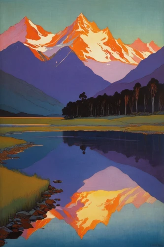 mount kahuranaki,matruschka,mountain landscape,mountain sunrise,cotopaxi,mountain scene,salt meadow landscape,annapurna,andes,pachamama,mountain lake,kamchatka,alpine sunset,chimborazo,helens,mountainous landscape,tongariro,mountainlake,himalaya,new zealand,Illustration,Retro,Retro 07