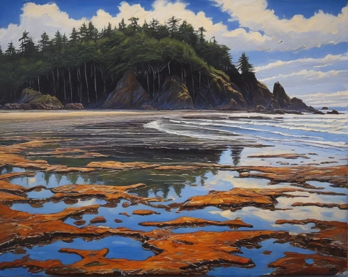 ruby beach,coastal landscape,beach landscape,tofino,low tide,cliff beach,tide pool,discovery park,navajo bay,black beach,split rock,mountain beach,vancouver island,northeast beach,sea landscape,coast line,rocky coast,pacific coastline,robert duncanson,estuarine,Illustration,Realistic Fantasy,Realistic Fantasy 33