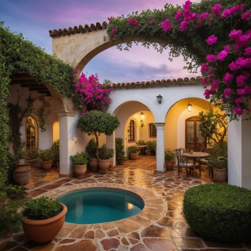 bougainvilleas,bougainvillea,beautiful home,landscape lighting,spanish tile,holiday villa,courtyard,hacienda,provencal life,bougainvillea azalea,home landscape,spanish missions in california,flowering shrubs,flowering vines,luxury property,landscaping,roof landscape,traditional house,santa barbara,splendor of flowers,Photography,General,Natural