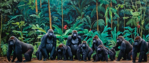 primates,great apes,elephant herd,siamang,celebes crested macaque,bonobo,cercopithecus neglectus,forest animals,animal migration,elephants,green animals,gorilla,green congo,rwanda,tropical animals,hunting scene,mandrill,forest workers,pachamama,jungle,Illustration,Realistic Fantasy,Realistic Fantasy 24