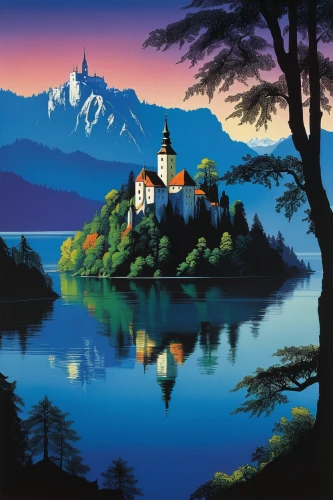 lake bled,bled,slovenia,travel poster,neuschwanstein castle,bavaria,fairytale castle,neuschwanstein,lake lucerne region,thun,fairy tale castle,castel,dracula castle,berchtesgadener land,bernese alps,nebellandschaft,bavarian swabia,landscape background,alps,pieniny,Illustration,Vector,Vector 09