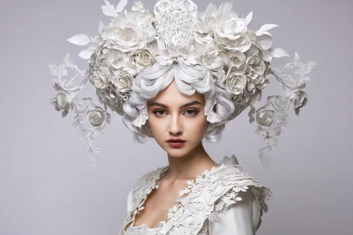 beautiful bonnet,headpiece,headdress,bridal clothing,suit of the snow maiden,white rose snow queen,bridal accessory,asian conical hat,the hat of the woman,venetian mask,feather headdress,foam crowns,haute couture,white swan,white lady,laurel wreath,the white chrysanthemum,white blossom,fashion design,bridal,Conceptual Art,Fantasy,Fantasy 10