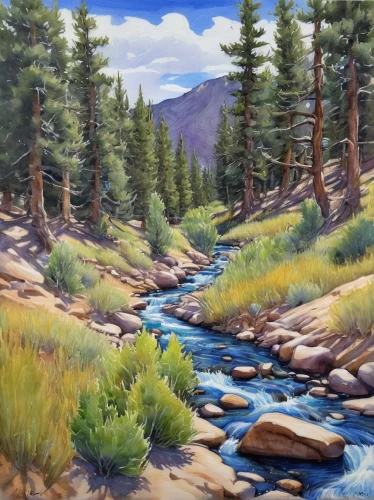 salt meadow landscape,flowing creek,mountain stream,river landscape,mountain river,brook landscape,river juniper,salt meadows,riparian forest,mountain spring,colorado,streams,a river,mountain landscape,oil painting,oil on canvas,natural landscape,mountain scene,river cooter,oheo gulch,Illustration,Abstract Fantasy,Abstract Fantasy 09