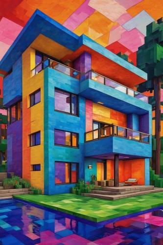 colorful city,apartment block,colorful facade,apartment building,tetris,apartment complex,apartment blocks,apartment-blocks,apartment buildings,apartments,cube stilt houses,apartment house,mondrian,blocks of houses,cubes,cubic house,an apartment,pop art colors,contemporary,cube house,Conceptual Art,Oil color,Oil Color 25