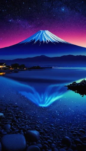 mount fuji,mt fuji,japan's three great night views,fuji,fuji mountain,japan landscape,japanese mountains,beautiful japan,stratovolcano,mount taranaki,volcanic landscape,tongariro,fujiyama,landscape background,milkyway,splendid colors,sailing blue purple,nightscape,taranaki,volcanic lake,Illustration,Retro,Retro 02