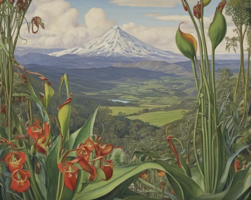 cotopaxi,lilies of the valley,mount taranaki,volcanic landscape,stratovolcano,kamchatka,taranaki,iztlacihuatl,puerto varas,the volcano avachinsky,lilly of the valley,mountain scene,popocatepetl,pachamama,osorno,llanquihue lake,mountainous landscape,mount ngauruhoe,mountain landscape,ecuador,Illustration,Realistic Fantasy,Realistic Fantasy 05