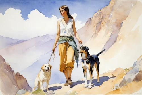 girl with dog,dog walker,goatherd,shepherd,dog hiking,hikers,mountain guide,afghan hound,watercolor women accessory,the good shepherd,walking dogs,dog illustration,entlebucher mountain dog,travel woman,pyrenean shepherd,hunting dogs,english shepherd,dog walking,shepherd dog,east-european shepherd,Illustration,Paper based,Paper Based 23