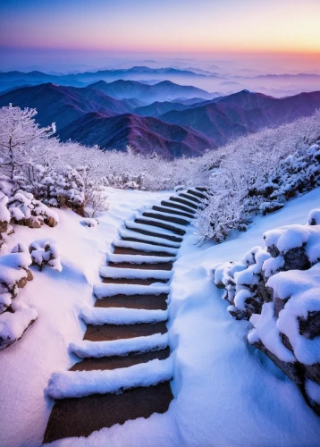 winding steps,stairway to heaven,japanese mountains,the chubu sangaku national park,fragrant snow sea,appalachian trail,snow landscape,snowy landscape,mount scenery,hiking path,beautiful japan,winter landscape,heavenly ladder,stone stairway,snow trail,great smoky mountains,south korea,korean village snow,japan's three great night views,mountain sunrise,Illustration,Abstract Fantasy,Abstract Fantasy 14