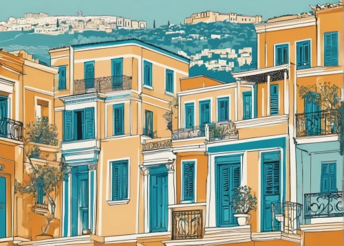 houses clipart,athens,positano,corfu,athens art school,mediterranean,athenian,sicily window,facade painting,french digital background,provence,hellenic,townhouses,skopelos,balconies,taormina,greece,terraces,acropolis,capri,Illustration,Vector,Vector 21