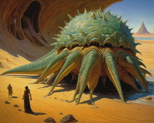 dune,cuthulu,dune 45,tarantula,anthill,echidna,dune sea,hermit crab,kraken,cephalopod,alien planet,cnidarian,apiarium,sci fiction illustration,sea-urchin,sea monsters,symbiotic,desert flower,dune landscape,carapace,Illustration,Realistic Fantasy,Realistic Fantasy 03