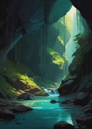 ravine,cave,cave on the water,canyon,blue cave,narrows,streams,sea cave,sea caves,cave tour,glacier cave,pit cave,blue caves,creek,mountain spring,exploration,chasm,rainforest,underground lake,fjord,Conceptual Art,Oil color,Oil Color 02