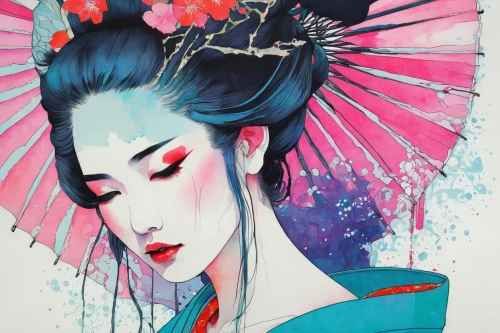 geisha girl,geisha,oriental princess,amano,oriental girl,japanese art,chinese art,peking opera,oriental,taiwanese opera,mulan,widowmaker,water lotus,japanese woman,plum blossoms,kitsune,oriental painting,fashion illustration,plum blossom,blue petals,Illustration,Paper based,Paper Based 19