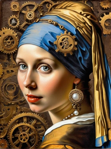 girl with a pearl earring,girl with a wheel,steampunk gears,meticulous painting,seamstress,clockmaker,watchmaker,headscarf,jewelry manufacturing,steampunk,gilding,woman thinking,antiquariat,beautiful bonnet,art painting,ancient egyptian girl,girl with cloth,italian painter,metalsmith,woman holding pie,Illustration,Realistic Fantasy,Realistic Fantasy 13