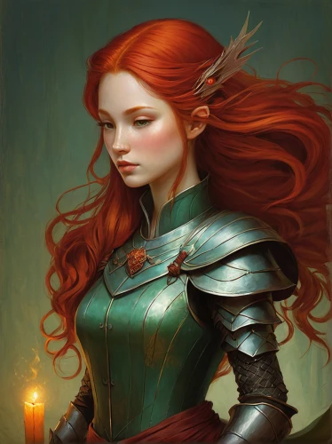 fantasy portrait,joan of arc,merida,red-haired,fantasy art,female warrior,dwarf sundheim,redheads,paladin,fiery,fantasy woman,celtic queen,heroic fantasy,redhead,red head,flame spirit,elven,mystical portrait of a girl,swordswoman,cuirass,Illustration,Abstract Fantasy,Abstract Fantasy 17