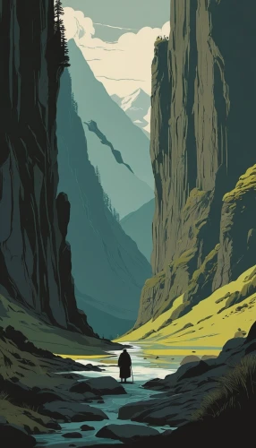 travel poster,fjord,mountains,wilderness,canyon,mountain scene,the spirit of the mountains,nationalpark,valley,river landscape,fjords,game illustration,montana,mountain landscape,alaska,mountain river,mountain,landscapes,fjäll,free wilderness,Illustration,Japanese style,Japanese Style 08