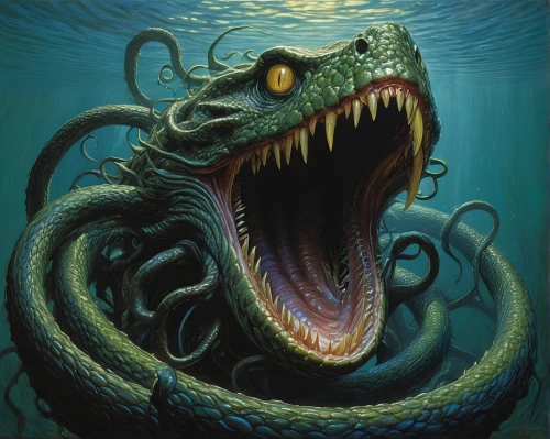 sea monsters,kraken,water snake,marine reptile,sea snake,cuthulu,serpent,merfolk,river monitor,sea devil,god of the sea,water creature,tentacle,alligator,three eyed monster,nuphar,wyrm,medusa gorgon,venomous snake,gorgon,Illustration,Realistic Fantasy,Realistic Fantasy 03