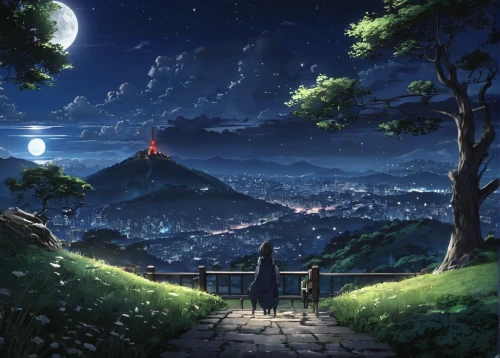 violet evergarden,moonlit night,night scene,meteora,landscape background,moonlit,moonlight,the mystical path,studio ghibli,background with stones,japan's three great night views,world end,scenery,fantasy picture,moon and star background,fantasy landscape,evening atmosphere,background images,dream world,lunar landscape,Conceptual Art,Daily,Daily 13