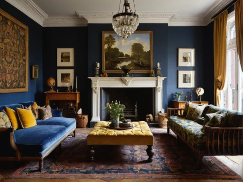 sitting room,blue room,great room,dark blue and gold,interiors,interior decor,ornate room,living room,royal blue,mazarine blue,victorian style,livingroom,victorian,stately home,chaise lounge,the living room of a photographer,danish room,interior design,wing chair,settee,Art,Classical Oil Painting,Classical Oil Painting 07