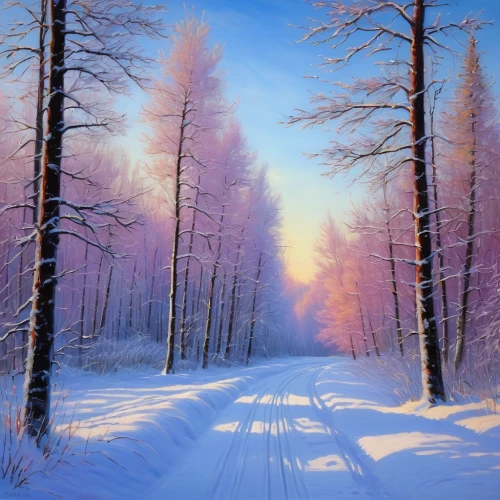 winter landscape,snow landscape,winter forest,snowy landscape,snow trees,snow scene,winter background,purple landscape,winter dream,winter light,birch forest,christmas landscape,birch alley,winter morning,winter magic,ice landscape,hoarfrost,forest landscape,snow fields,snow trail,Art,Classical Oil Painting,Classical Oil Painting 18