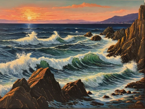 coastal landscape,rocky coast,landscape with sea,seascape,sea landscape,beach landscape,seascapes,japanese waves,rocky beach,el mar,navajo bay,ocean waves,cliff coast,mountain and sea,coast sunset,cliffs ocean,lake superior,mountain beach,carol colman,panoramic landscape,Illustration,American Style,American Style 03