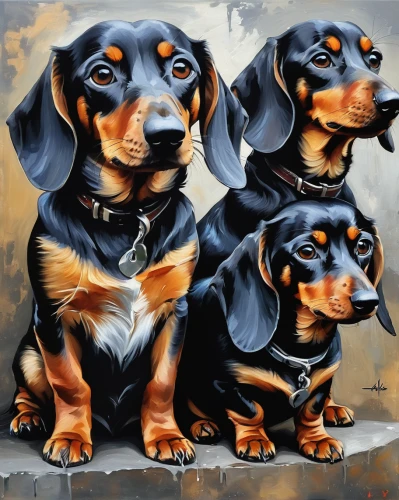 dachshund yorkshire,three dogs,hound dogs,dachshund,westphalian dachsbracke,beagle,basset hound,dog breed,alpine dachsbracke,color dogs,oil painting on canvas,black and tan terrier,pinscher,toy manchester terrier,puppies,dog illustration,black and tan,two dogs,wrinkled potatoes,bluetick coonhound,Conceptual Art,Fantasy,Fantasy 12