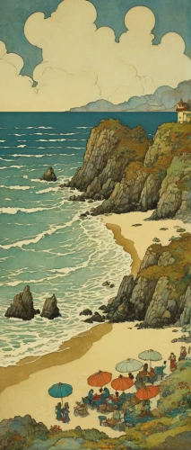 beach landscape,coastal landscape,landscape with sea,sea landscape,seaside country,beach scenery,perranporth,ventura,el mar,seaside view,the coast,cool woodblock images,breizh,david bates,travel poster,gower,mountain beach,khokhloma painting,seaside,seaside resort,Illustration,Retro,Retro 17