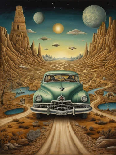 moon car,station wagon-station wagon,desert landscape,desert desert landscape,valley of the moon,desert background,buick roadmaster,lunar landscape,moon valley,arid landscape,buick super,buick y-job,futuristic landscape,hudson hornet,sand road,mission to mars,buick century,retro automobile,edsel,edsel ranger,Illustration,Realistic Fantasy,Realistic Fantasy 40