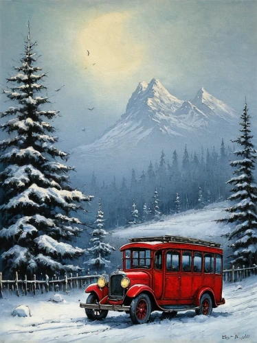 snow scene,christmas caravan,winter service,red bus,christmas landscape,santa claus train,volkswagenbus,winter landscape,christmas truck,tatra 613,vwbus,tatra,snow landscape,swiss postbus,christmas truck with tree,trolleybus,school bus,trolley bus,child's fire engine,tatra 77,Illustration,Paper based,Paper Based 29