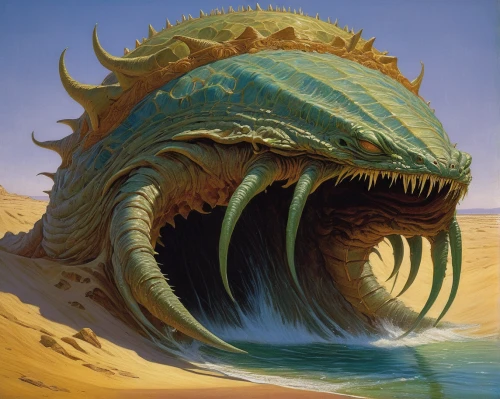 water creature,sea monsters,nautilus,cuthulu,shifting dune,merfolk,dune sea,wyrm,admer dune,dune,shifting dunes,green dragon,sea fantasy,kraken,dune landscape,heroic fantasy,deep sea nautilus,crocodile eye,painted dragon,fantasy art,Illustration,Realistic Fantasy,Realistic Fantasy 03