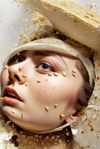 capsule-diet pill,gilding,gold mask,mary-gold,cd cover,image manipulation,gold leaf,gold paint stroke,nougat,golden mask,beauty mask,egg shell,face powder,photo manipulation,photomontage,egg shell break,olfaction,woman's face,head of garlic,tears bronze