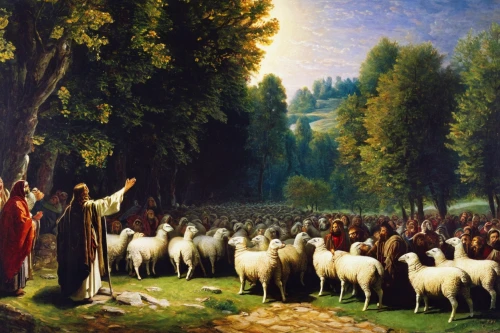 the good shepherd,shepherds,good shepherd,shepherd,east-european shepherd,pilgrims,church painting,sermon,herd of goats,prophet,the sheep,procession,hunting scene,pilgrimage,genesis land in jerusalem,new testament,chamois with young animals,calvary,torah,samaritan,Art,Classical Oil Painting,Classical Oil Painting 09