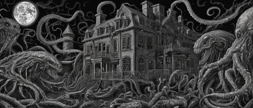 ghost castle,the haunted house,witch house,haunted house,haunted castle,kraken,haunted cathedral,creepy house,witch's house,deep sea,polyp,sea monsters,parasitic,deep sea nautilus,sci fiction illustration,organism,iridigorgia,ghost ship,swampy landscape,tentacles,Illustration,Realistic Fantasy,Realistic Fantasy 47