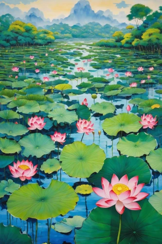 lotus pond,lotus on pond,lotus flowers,lotuses,water lotus,water lilies,lily pond,lotus,lotus blossom,white water lilies,nymphaea,lotus flower,lily pads,pink water lilies,lotus plants,waterlily,lilly pond,sacred lotus,nimphaea,pond flower,Illustration,Japanese style,Japanese Style 05