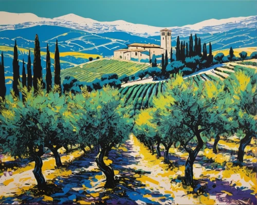 olive grove,tuscan,provence,gordes,almond trees,provencal life,grape plantation,italian painter,fruit fields,olive tree,vineyards,wine region,montepulciano,tuscany,david bates,campagna,panoramic landscape,grape harvest,orchards,landscape,Art,Artistic Painting,Artistic Painting 22