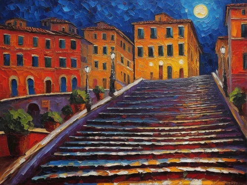 spanish steps,trastevere,italian painter,rome night,night scene,piazza di spagna,camogli,winding steps,oil painting on canvas,rome at night,via roma,aventine hill,oil painting,colosseo,cobblestones,oil pastels,oil on canvas,vernazza,lucca,via della conciliazione,Conceptual Art,Daily,Daily 06