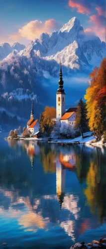 lake bled,slovenia,thun lake,landscape background,autumn landscape,autumn mountains,beautiful landscape,landscape mountains alps,alps,bled,bernese alps,the alps,eastern switzerland,autumn background,world digital painting,fantasy landscape,autumn scenery,southeast switzerland,switzerland,winter landscape,Conceptual Art,Oil color,Oil Color 03