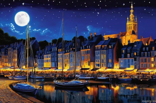 honfleur,bretagne,night scene,morbihan,hanseatic city,delft,finistère,harbor,the touquet,harbour,french digital background,saint michel,breizh,france,belgium,herfstanemoon,hoorn,houses clipart,the netherlands,de ville,Art,Artistic Painting,Artistic Painting 20