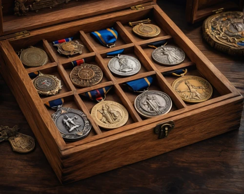 treasure chest,medals,olympic medals,pocket watches,leather compartments,golden medals,tackle box,a drawer,ammunition box,pirate treasure,chronometer,trinkets,compartments,collectibles,wooden box,attache case,display case,christopher columbus's ashes,eight treasures,drawer,Photography,General,Fantasy