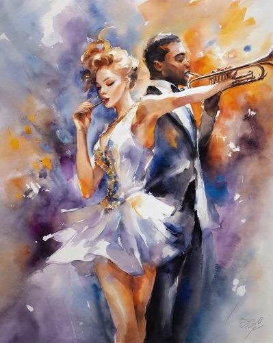 blues and jazz singer,dancing couple,dancers,musicians,performers,valse music,jazz,dance with canvases,watercolor painting,salsa dance,waltz,latin dance,trumpet player,watercolor,ballroom dance,concert dance,baton twirling,the flute,argentinian tango,jazz singer,Illustration,Paper based,Paper Based 11