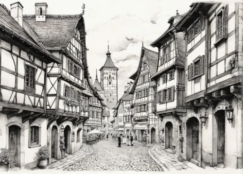 colmar,half-timbered houses,colmar city,medieval street,strasbourg,wissembourg,muenster,half-timbered,wernigerode,bamberg,the cobbled streets,nuremberg,alsace,bacharach,medieval town,new-ulm,escher village,metz,townscape,half timbered,Illustration,Paper based,Paper Based 30